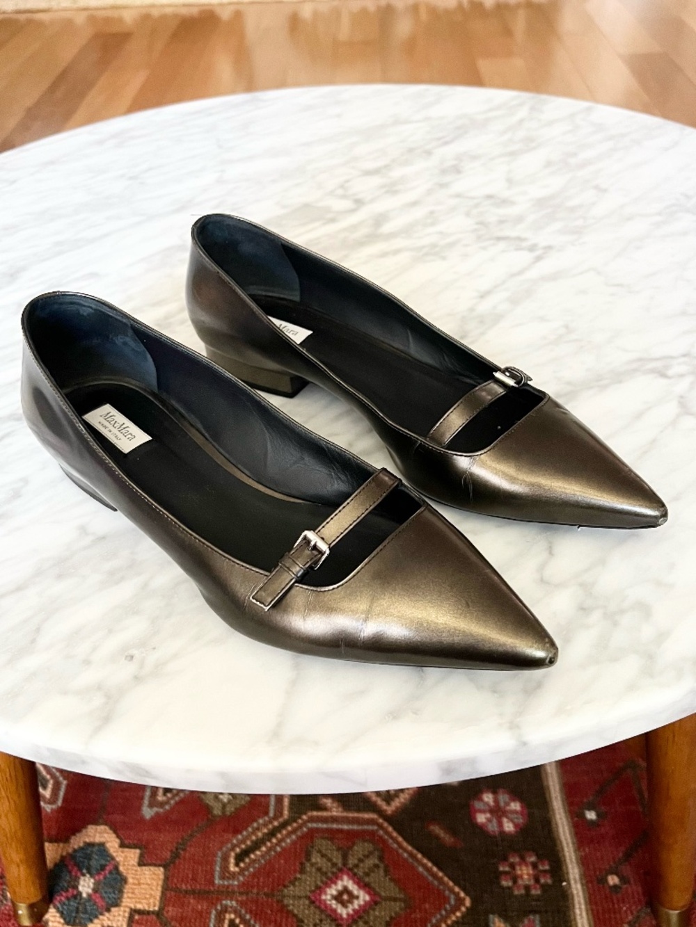 Max Mara Pewter Metallic Leather Mary Jane Flats Pointed Toe EU 39.5 / US 9.5